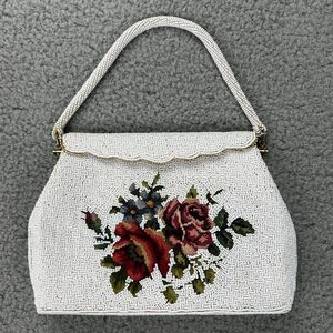 Vintage Floral Needlepoint Seed Beaded Purse Handbag Hinge Closure Beaded Strap